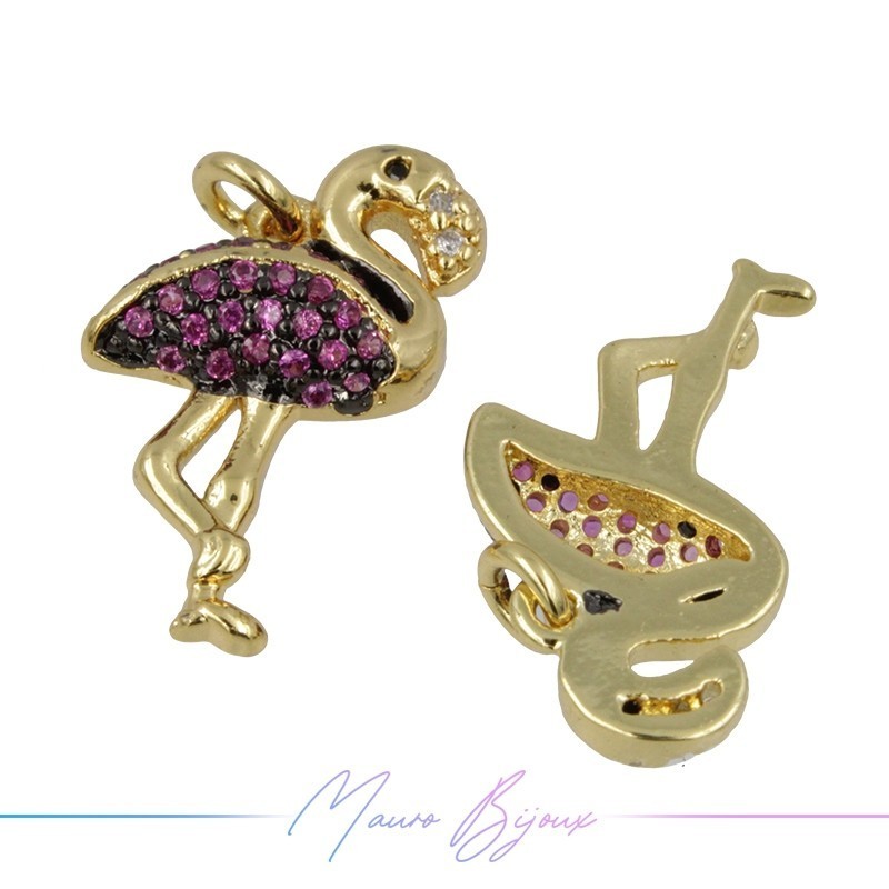 Charms Flamingos Zircon Brass Pendant Gold 18.3x11mm