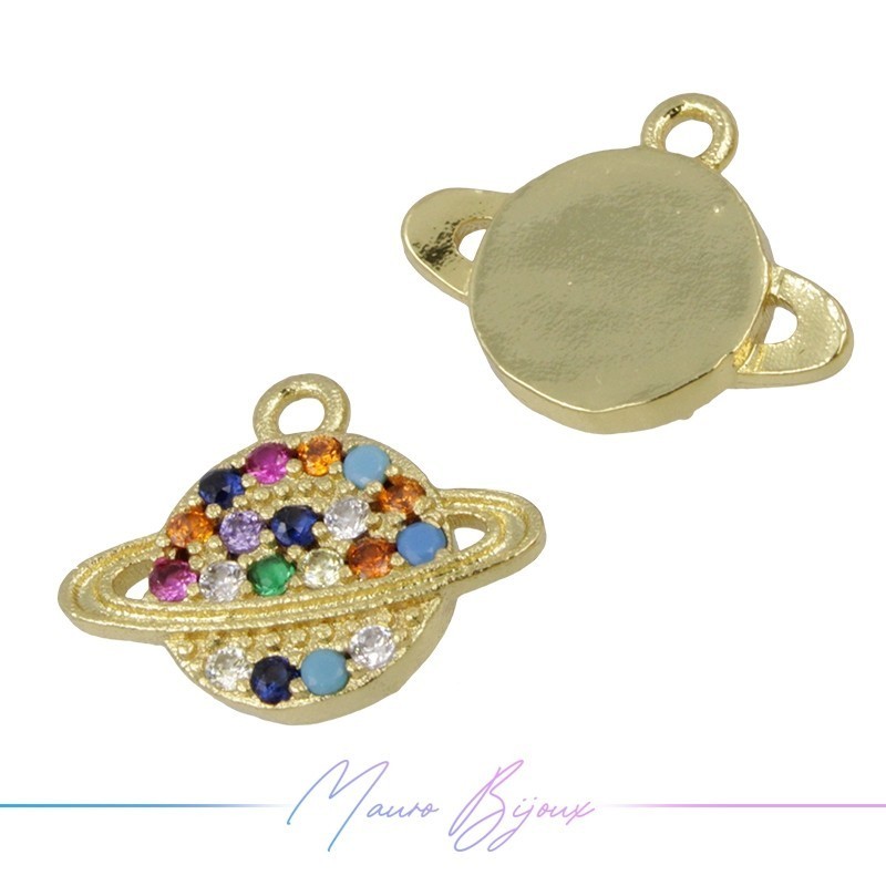 Charms Saturn Zircon Brass Pendant Gold Multicolor 10.6x13.8mm