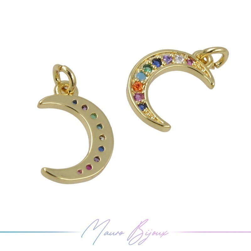 Ciondoli a Mezza Luna in Ottone con Zirconi Dorato Multicolor 13.5x8.9mm