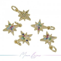 Charms Two Stars Zircon Brass Pendant Gold Multicolor 11.3x13.4mm