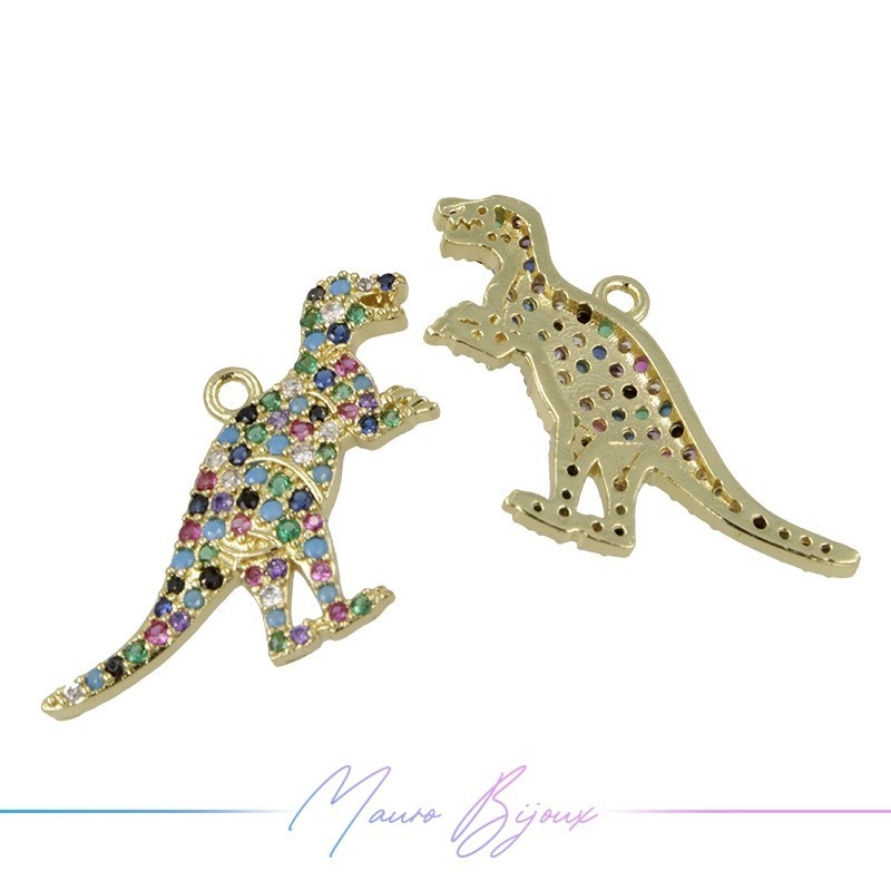 Charms Dinosaurs Zircon Brass Pendant Gold Multicolor 18x19.2mm