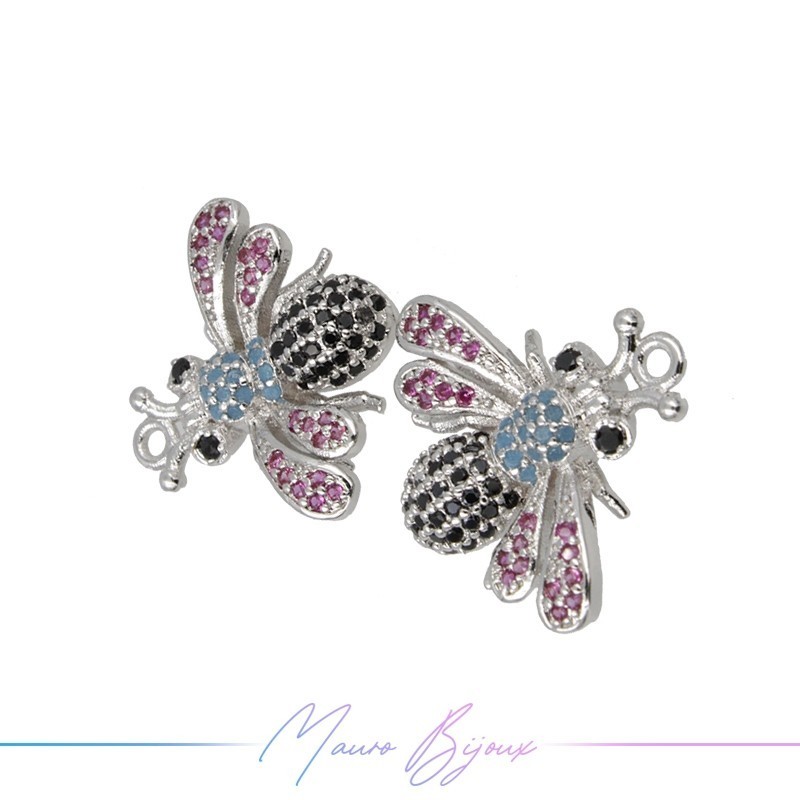 Charms Bee Zircon Brass Pendant Silver Multicolor 17.6x19.5mm