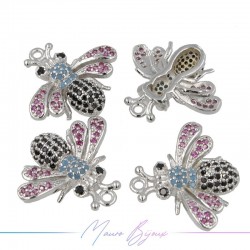 Charms Bee Zircon Brass Pendant Silver Multicolor 17.6x19.5mm