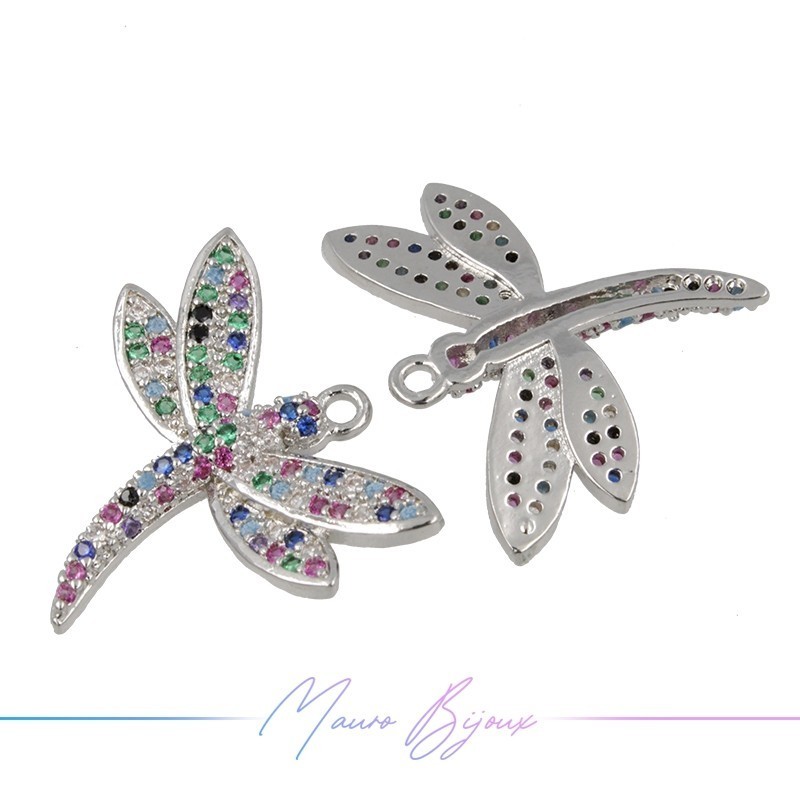 Charms Dragonfly in Zircon Brass Pendant Silver Multicolor 18.7x21mm