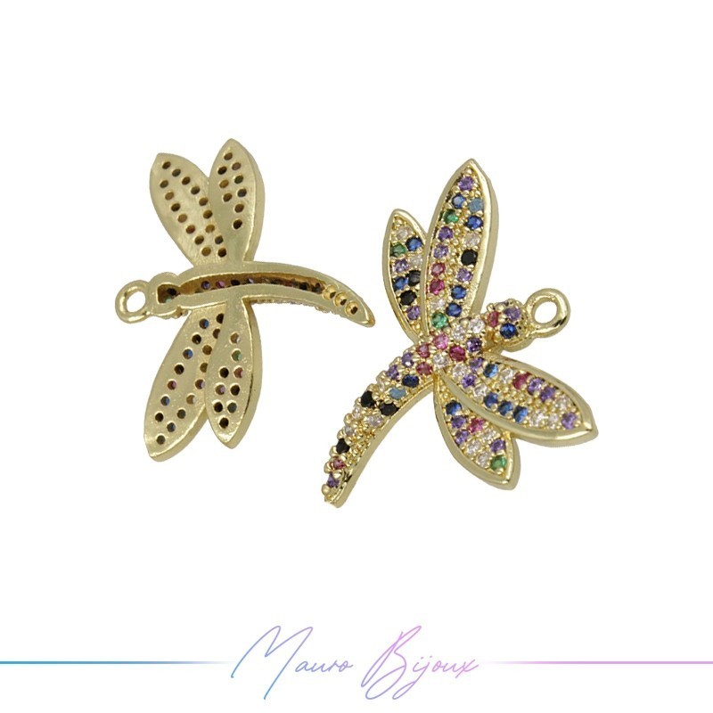 Charms Dragonfly in Zircon Brass Pendant Gold Multicolor 18.7x21mm